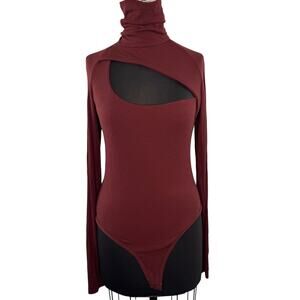 Alix NYC Carder Burgundy Bodysuit Stretch Ribbed Knit Turtleneck Size Large L